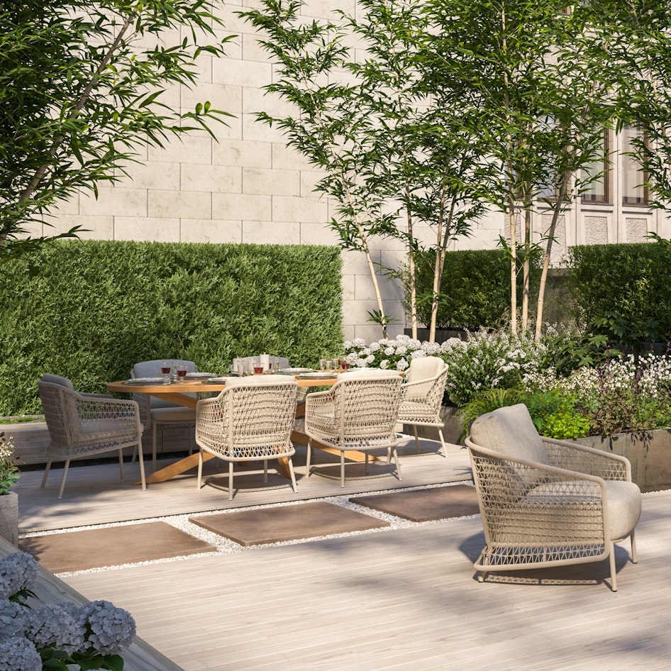 Pucini dining with Prado ellips teak and Puccini living set outdoor 02